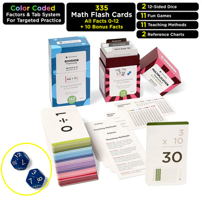 335 Multiplication & Division Flash Cards with Quizzing Dice | All Facts 0-12 | Games & Chart Included